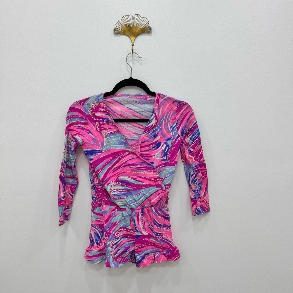 Lilly Pulitzer Oh My Guava Magenta Fanning Romper Sz Lg 8-10 pink blue multi